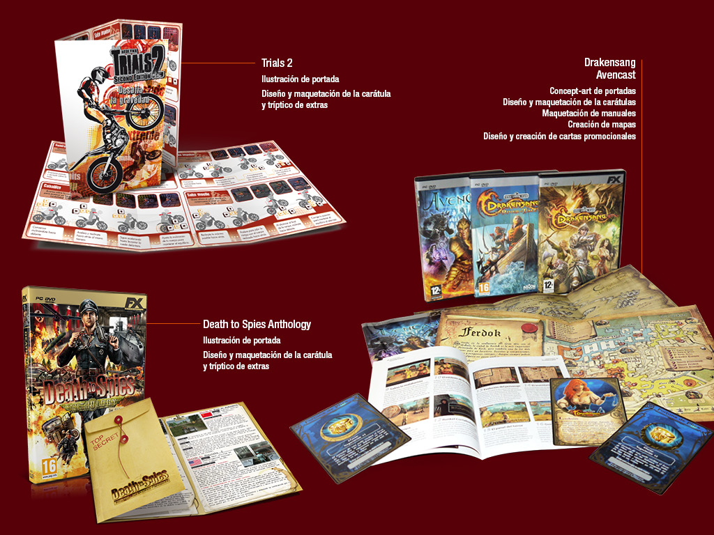 Carátula, tríptico, manuales y extras de Trials 2, Death to Spies, Avencast y Drakensang